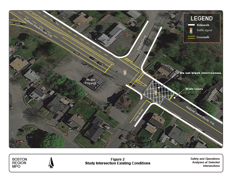 Figure 2 (landscape orientation) presents an aerial photo of the study area superimposed with a computer-drawn diagram indicating the intersection layout, lane configurations, and the surrounding land uses.